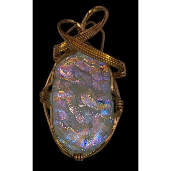 Gold Wire Wrapped Oval MOP Mother Of Pearl Dichroic Glass Pendant Necklace Charm - Picture 3 of 7